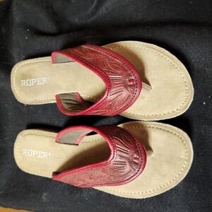 Roper ladies sandals red leather tooled